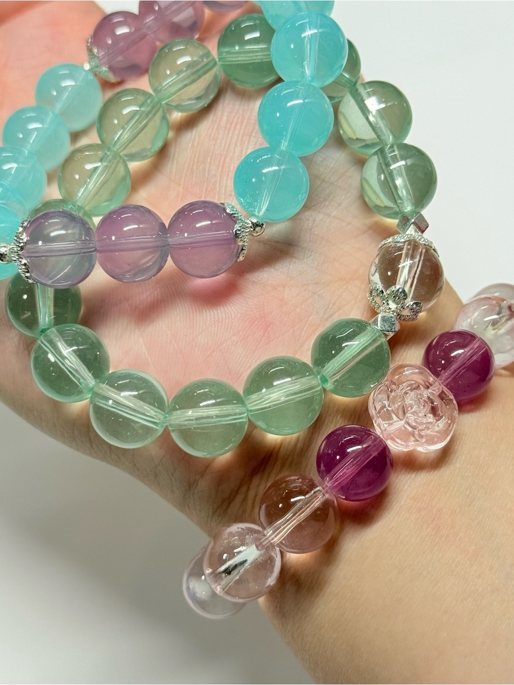 Handmade Transparent Multicolor Beaded Stretch Bracelet Set - Purple Green Blue